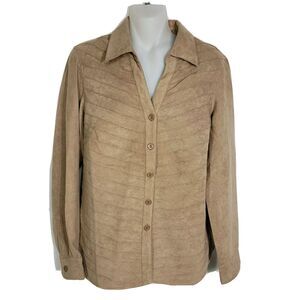 The Design Loft Womens Blouse Medium Brown Faux-Suede Long Sleeve Button Up Top